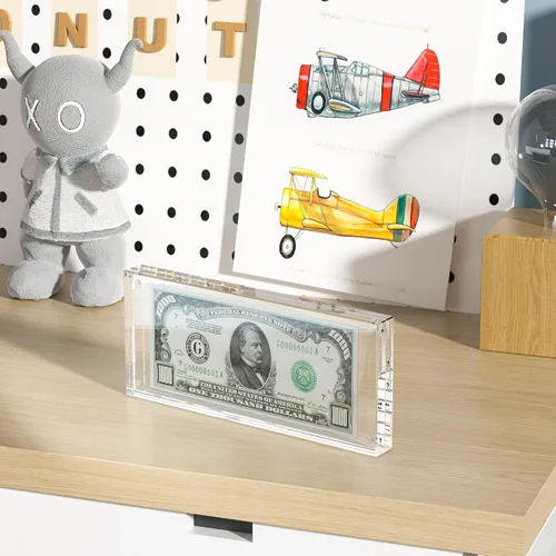 Vista 4 de Estuche de visualización con forma de billete de dólar de 7.8" x 3.9" – Estuche acrílico con marco para billetes de dólar, soporte magnético