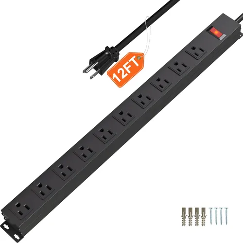 Vista 10 de Tira de alimentación de 10 tomas de 6 pies de largo, cable de extensión resistente para montaje en pared, enchufe de metal para cocina, oficina