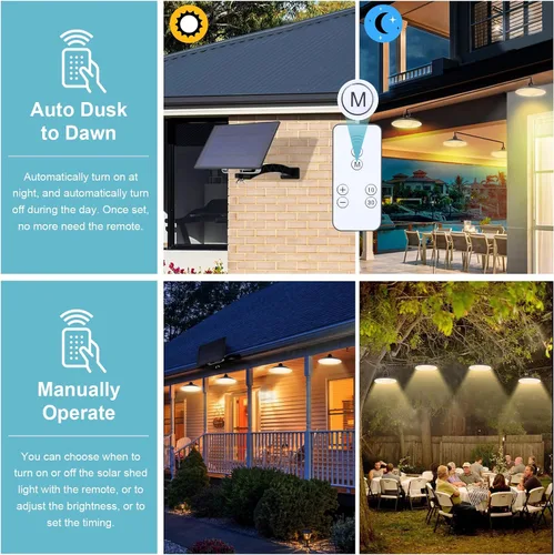 Vista 4 de Luces colgantes solares para exteriores IP65 impermeables, 4 cabezales de luces solares con interruptor remoto de encendido/apagado, regulables