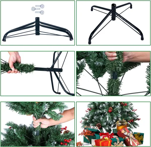 Vista 6 de AGM Árbol de Navidad artificial de 7 pies con soporte de metal plegable, cono de pino y fruta roja, árboles de nieve flocados de 7 pies de alto