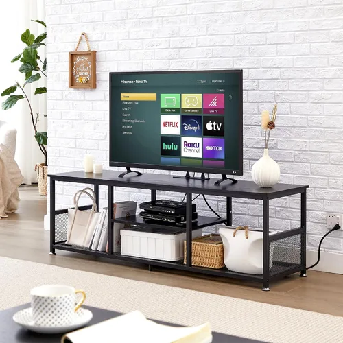 Vista 5 de VECELO Soporte de TV con tomas de corriente para televisores de hasta 65 pulgadas, centro de entretenimiento multimedia de 55" con estación