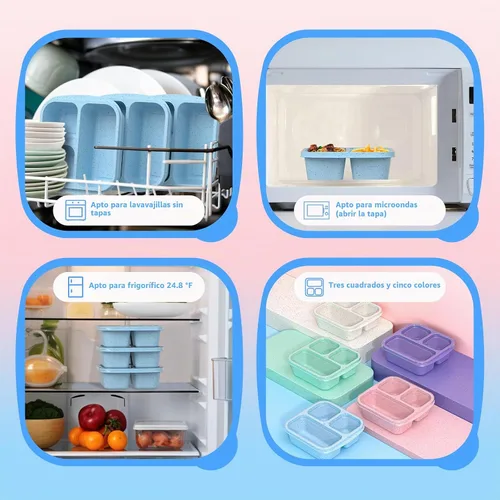 Vista 4 de Cajas de aperitivos (paquete de 3) – Cajas Bento apilables con 3 compartimentos, recipientes de preparación de comidas reutilizables, recipientes
