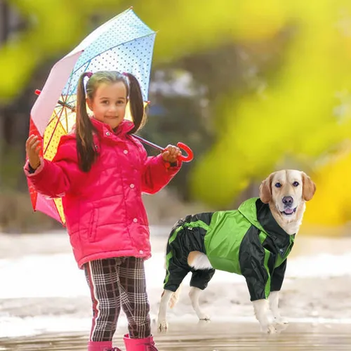 Vista 5 de Chubasquero para perros, chaqueta ligera de lluvia, poncho ajustable de 4 patas para mascotas con capucha, chaleco impermeable a la nieve, ropa