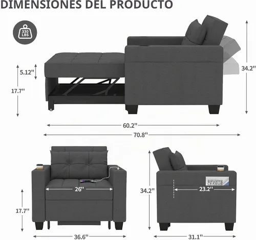 Vista 8 de DURASPACE Silla de dormir de 39 pulgadas, silla convertible 3 en 1, cama, silla de cama extraíble, sillón individual, ajustable con puertos USB