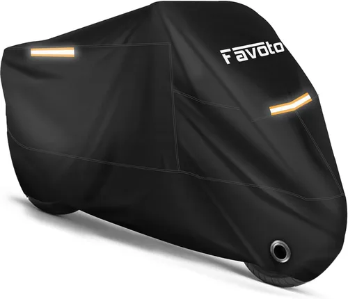 Vista 13 de Favoto - Funda impermeable para motocicleta, universal, duradera, reflectante, protección solar para cualquier temporada, con orificios de seguridad