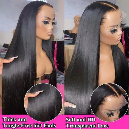 Vista 2 de Pelucas de cabello humano lacio con encaje frontal pre-desplumadas 13x4 HD pelucas frontales de encaje de cabello humano densidad 180, pelucas