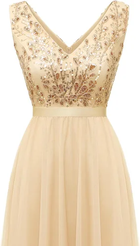 Vista 3 de Tidinesslife Elegante vestido de fiesta de noche con lentejuelas para mujer, vestido formal con cuentas y cuello en V para invitadas de boda