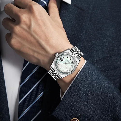 Vista 3 de Relojes automáticos de lujo para hombre, reloj automático de viento automático, con ventana de calendario inoxidable, resistente al agua, reloj