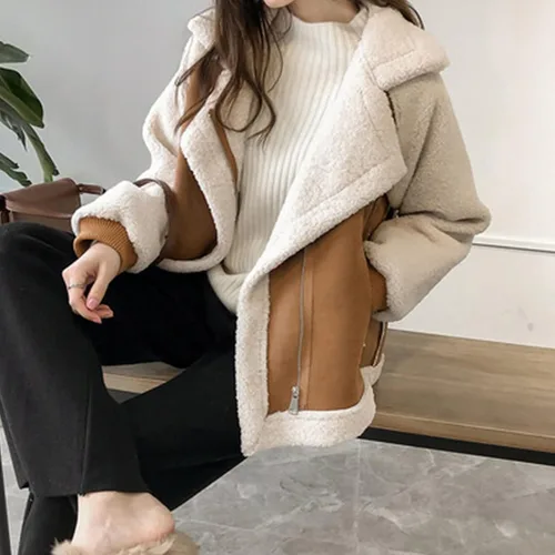 Vista 2 de Abrigo de peluche para mujer, casual, cómodo, corto, de lana de cordero, abrigo de piel sintética