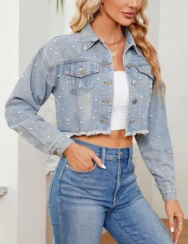 Vista 4 de Ladyful Chaqueta vaquera con solapa para mujer, manga 34, con botones y botones