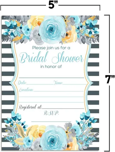 Vista 5 de Amanda Creation Juego de 20 invitaciones de acuarela floral azul, gris y dorado para despedida de soltera, incluye sobres