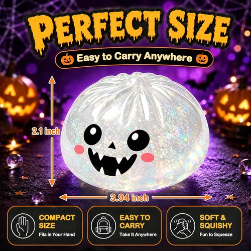 Vista 5 de Halloween Themed Squishy Dumpling Toy with Gift Box, Giant Spooky Face Squishy Dumpling, Stretchable Squeeze Stress Ball Fidget Sensory Toy for