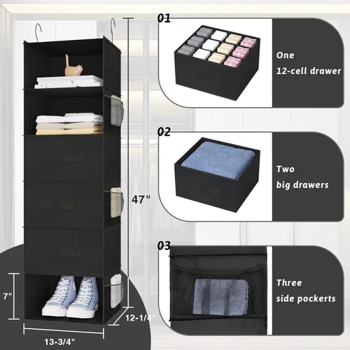 Vista 5 de Organizador colgante de armario de 6 estantes con cajones, almacenamiento de ropa plegable, portátil, estantes colgantes para ropa y zapatos, 47 x