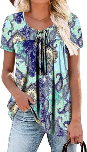 Vista 33 de BETTE BOUTIK Blusas de verano para mujer, plisadas, de manga corta, con cordón, cuello redondo, tallas S-3XL