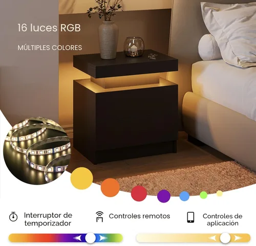 Vista 5 de Mesita de noche LED blanca moderna para mesita de noche de dormitorio con 2 Todo negro