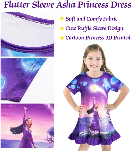 Vista 5 de KGDECYS Wish Star Asha Girls Short Ruffles Sleeve Toddler Costume Princess Dress up Cartoon Shirt Dress Kids Home Causal Wear