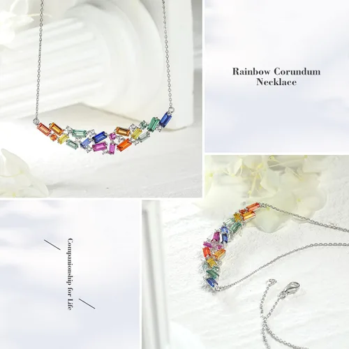 Vista 4 de RANDES Collar de barra curvada de arco iris para mujer, plata de ley 925, collar con colgante de piedras preciosas coloridas creadas en laboratorio