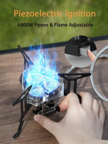 Vista 7 de Estufa de gas portátil para acampar de 6800 W, pequeña estufa de mochilero con adaptador de gas propano, mini estufa de campamento plegable