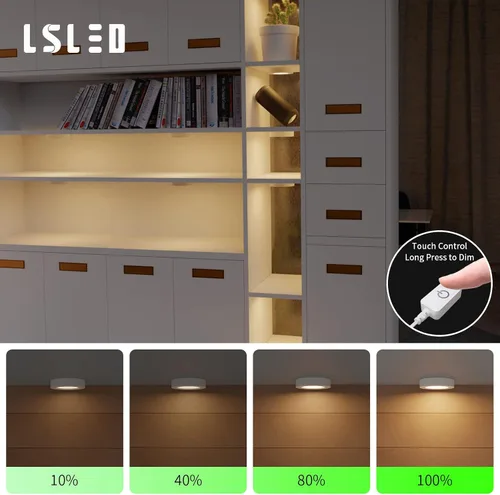 Vista 4 de Luces LED de disco con cable, regulables debajo del gabinete, carcasa de aluminio con interruptor táctil, paquete de 3 unidades de 9 W 3000 K blanco