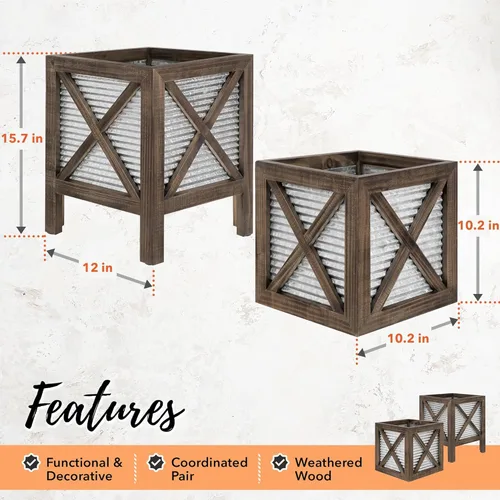 Vista 5 de Autumn Alley Juego de 2 macetas de porche delantero de granja con maceta de metal corrugado galvanizado para exteriores/interiores, macetas