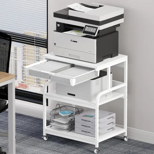 Vista 20 de EasyCom Soporte de impresora grande con cajón de almacenamiento, 5 estantes ajustables y carrito rodante de 3 niveles con ruedas industriales