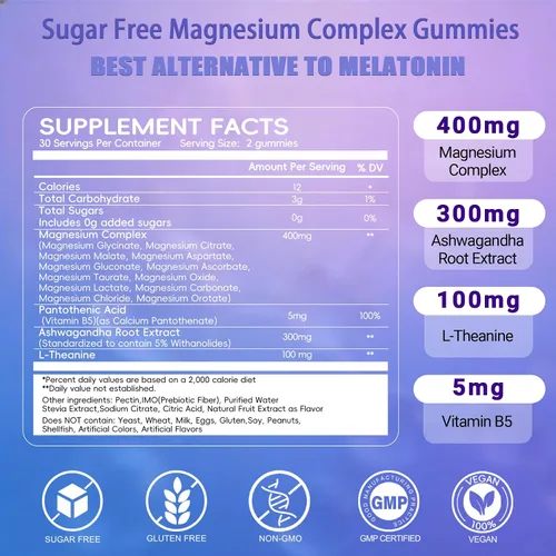 Vista 9 de Gomitas de magnesio para dormir de 400 mg – Gomitas de complejo de magnesio calmante para apoyo del sueño y relajación con L-teanina y ashwagandha