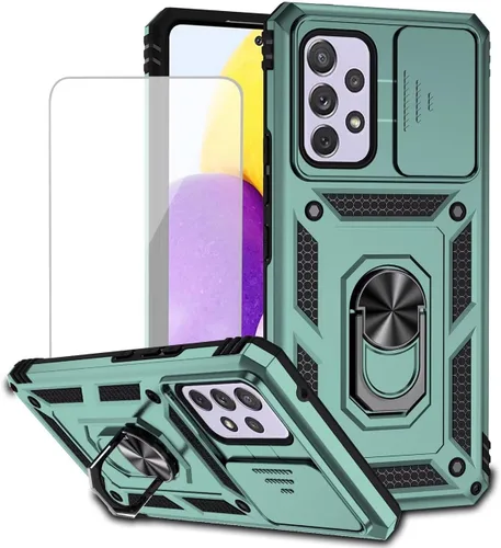 Vista 11 de Funda para Galaxy A53 5G, Samsung A53 5G SM-A536U con protector de pantalla de vidrio templado y cubierta de cámara deslizante, anillo magnético Oro