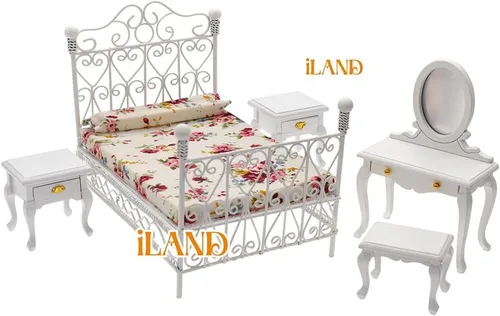 Vista 2 de iLAND Muebles de Casa de Muñecas Victorianos a Escala 1:12, Set de Cama de Casa de Muñecas 5 piezas