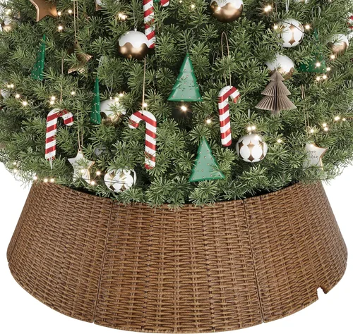 Vista 12 de Collar de mimbre para árbol de Navidad, cubierta de base de árbol PP marrón plano