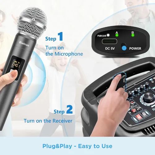 Vista 2 de Bietrun - Micrófono inalámbrico, juego de micrófonos de mano dinámicos de metal UHF con receptor recargable, salida de 1/4 de pulgada, para karaoke