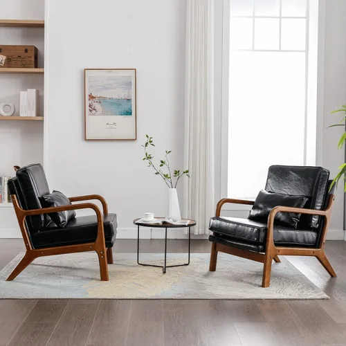 Vista 4 de Deolme Silla de Acento Moderna de Mediados de Siglo para Sala de Estar - Cómoda Silla con Brazo de Madera Maciza con Almohada Lumbar, Silla Lateral