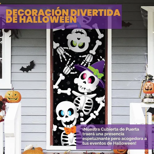 Vista 5 de JOYIN Cubierta de puerta de 30 x 72 pulgadas, decoración de Halloween de esqueleto, decoración del hogar, calcomanías de casa encantada, suministros