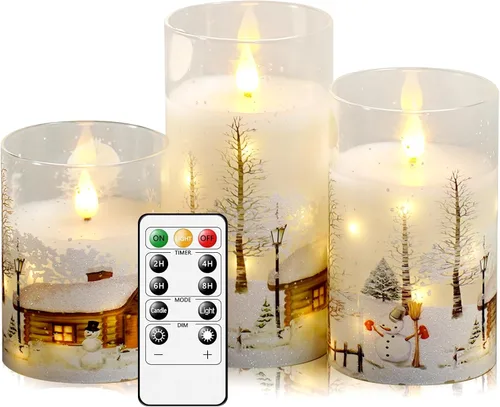 Vista 7 de Velas sin llama de Navidad con control remoto - Velas LED blancas y luces de cadena, juego de 3 con pilas (D3 x A4/5"/6") para decoración