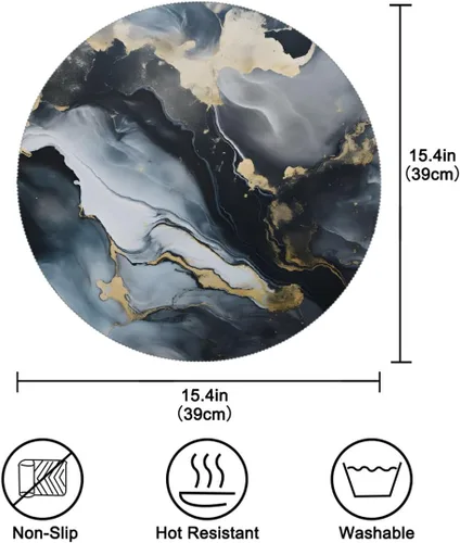 Vista 2 de Abstract Black Gold Marble Print Round Place Mats Set of 1, Heat Resistant Washable Placemats Polyester Round Table Mats for Kitchen Home Decor