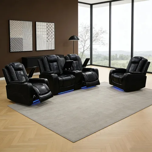 Vista 38 de Sofá reclinable individual eléctrico para muebles de sala de estar, silla reclinable de cuero con luces LED, puertos USB, almacenamiento oculto