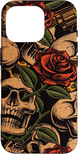 Vista 20 de Funda con diseño de tatuajes de flash tradicional para iPhone 17 con diseño retro rojo de rosas de calavera