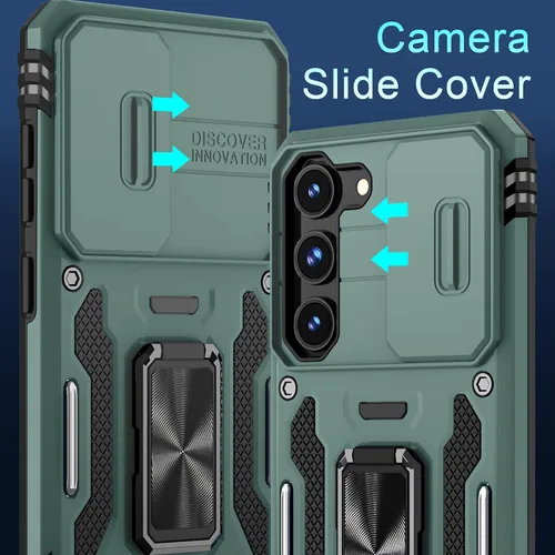 Vista 3 de DEERLAMN Funda para Samsung Galaxy S23 con Cubierta Deslizante para Cámara + Protector de Pantalla (2 Paquetes), Soporte de Anillo Giratorio