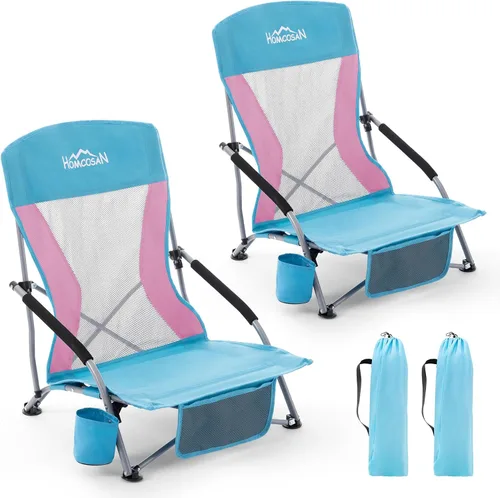 Vista 25 de Homcosan Silla de playa portátil baja plegable con paraguas desmontable, silla de campamento ligera para adultos con portavasos y bolsillo