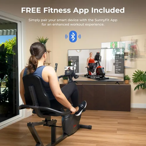 Vista 2 de Sunny Health & Fitness Smart Recumbent Bike, Wide Cushioned Seat & Back, Indoor Cycling Machine for Adult/Seniors Home Exercise, Free SunnyFit App