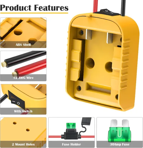 Vista 9 de Adaptador de ruedas eléctricas para Dewalt Adaptador de batería de 20 V, kit de convertidor de batería con fusible, interruptor y conector de arnés
