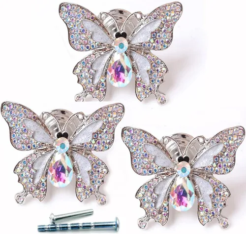 Vista 6 de 3 pomos de cajón de mariposa con diamantes azules, únicos de metal, animales, tiradores de gabinete, manijas brillantes para decoración de muebles