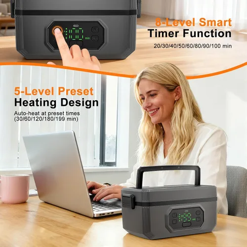 Vista 4 de Fiambrera eléctrica inalámbrica para adultos, 21000 mAh, recargable, con autocalentamiento, 1.2 L, calentador de alimentos portátil con calefacción