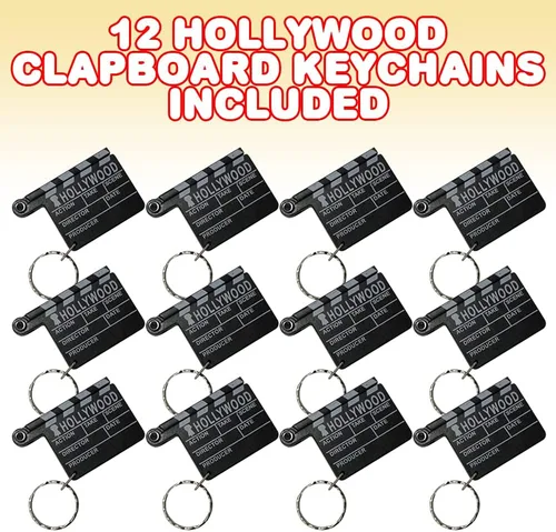 Vista 2 de ArtCreativity Hollywood Clapboard Llaveros, juego de 12, aplapper de elevación para revelar lupa, accesorios para llaves, mochila o libro