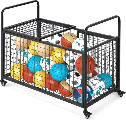 Vista 7 de AECOJOY Almacenamiento de carrito de bolas, cubo de baloncesto con ruedas para garaje, escuela, gimnasio, equipo deportivo y organizador