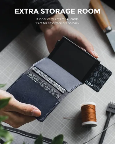 Vista 4 de VULKIT Tarjetero de crédito con bloqueo RFID, de cuero, estilo vintage, automático, de aluminio, delgado, plegable, para tarjetas de visita, marino