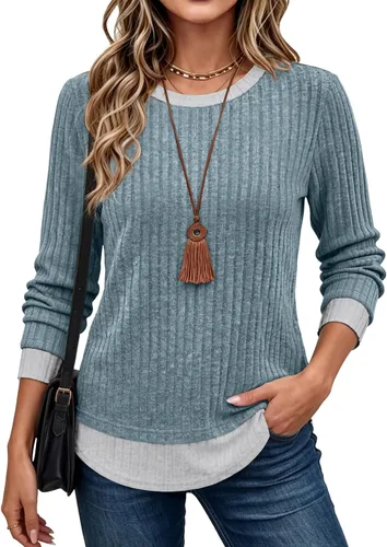 Vista 14 de WIHOLL Camisas de manga larga para mujer, trajes de otoño, suéteres ligeros Negro - blanco