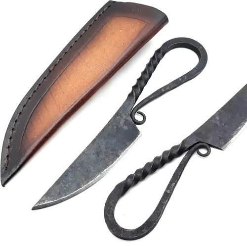 Vista 5 de ANCILLA Cuchillo de ciervo de campamento hecho a mano para caza de damasco, hoja fija de espiga completa, mini cuchillo de cuello de vaquero de Mini