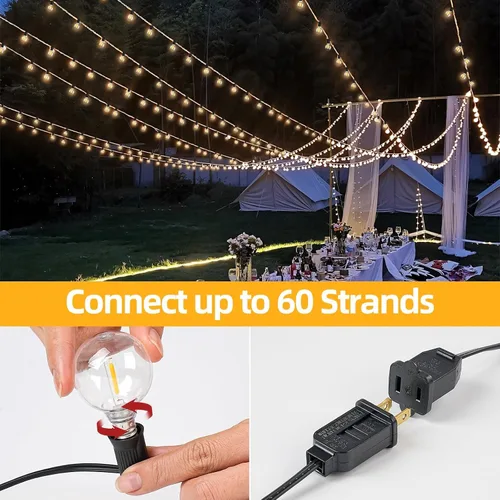Vista 5 de Luces de cadena LED G40 para exteriores de 25 pies con 12+1 bombillas, enchufe E12, blanco cálido de 2700K, grado comercial, resistente a