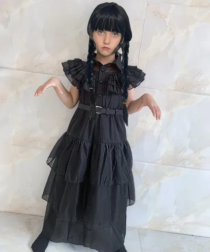 Vista 3 de GRIVOS Wednesday Addams - Disfraces de vestir para niños y niñas, fiesta familiar, disfraz de cosplay con peluca de cinturón de 4 a 14 años