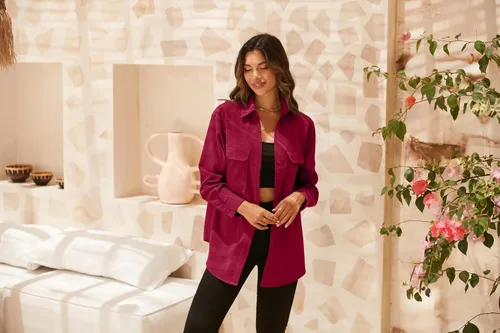 Vista 8 de TASAMO Camisas con botones para mujer, con hombros caídos, de gran tamaño, manga larga, con bolsillo